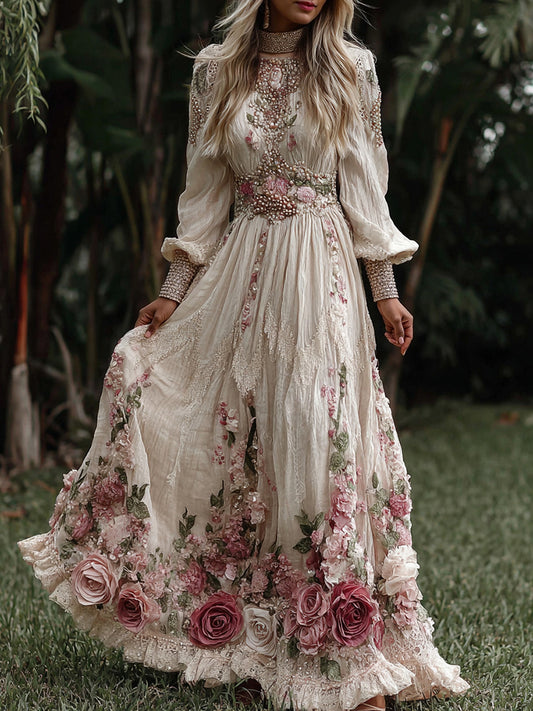 Women's Vintage Roses Embroidery Art Crew Neck Long Sleeves Maxi Dress