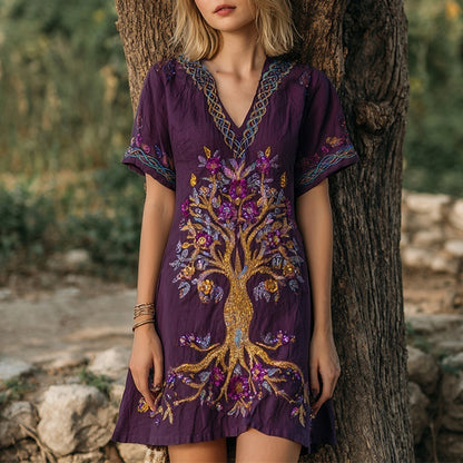 Sequined Tree Of Life Floral Embroidery Women's Linen Short Sleeve V-neck Mini Dress