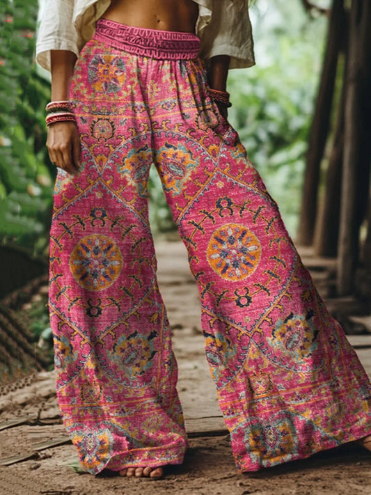Holiday Vintage Floral Print Loose Linen Blend Pants